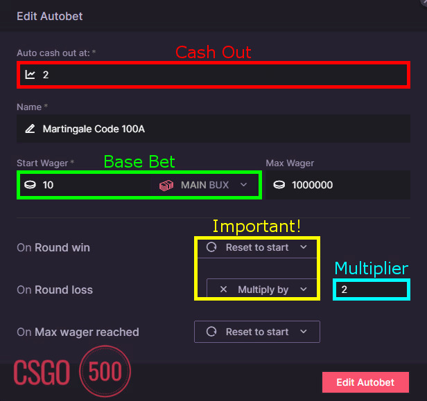 Image view of a CSGO500 Autobet example